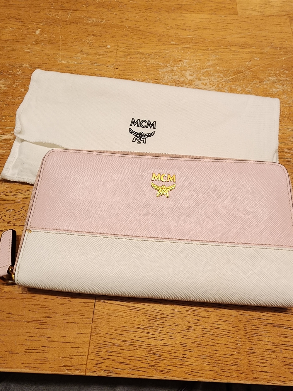 two-tone pink and white Saffiano leather zip-around wallet from MCM
